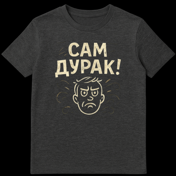 Close-up of a white t-shirt featuring a stylized angry frowning face with wavy lines and the Cyrillic text 'САМ ДУРАК!' (You're The Fool Yourself!) above it, in a vintage cartoon style. on dark heather t-shirt