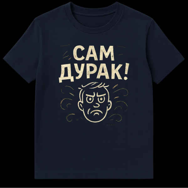 Close-up of a white t-shirt featuring a stylized angry frowning face with wavy lines and the Cyrillic text 'САМ ДУРАК!' (You're The Fool Yourself!) above it, in a vintage cartoon style. on navy blue t-shirt