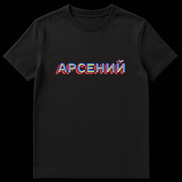 A t-shirt featuring the Russian name Arseniy in a vibrant, retro pop-art style with bold, dark blue outlined letters filled with bright blue, pink, yellow, halftone dots, diagonal stripes, and a red drop shadow. on black t-shirt