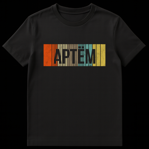 Vintage distressed 'ARTEM' Russian T-Shirt with blocky letters over retro vertical stripes in orange, cream, teal, and yellow colors. on black t-shirt