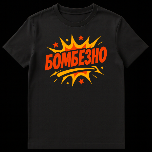 White t-shirt with a vibrant orange and yellow starburst design featuring the Russian word BOMBEZNO in bold orange comic-book style letters. on black t-shirt