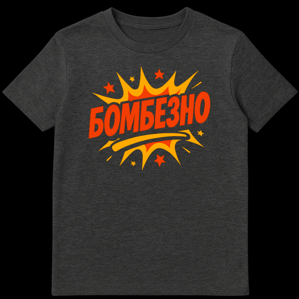 White t-shirt with a vibrant orange and yellow starburst design featuring the Russian word BOMBEZNO in bold orange comic-book style letters. on dark heather t-shirt