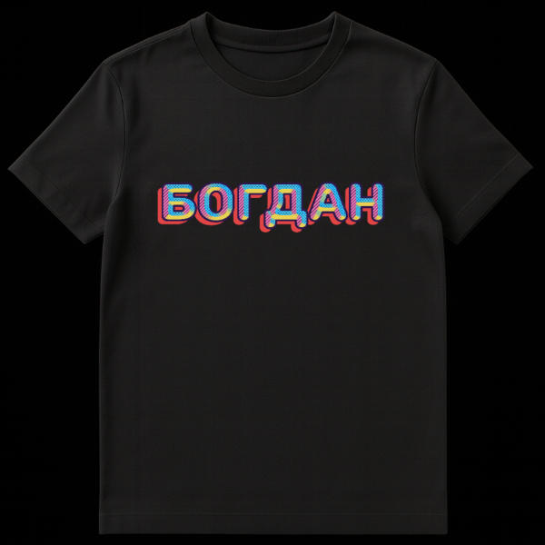 Close-up of a t-shirt featuring the Russian word BOGDAN in a retro 80s style with dark blue outline, red drop shadow, and alternating yellow dots, pink stripes, and blue dots fill. on black t-shirt