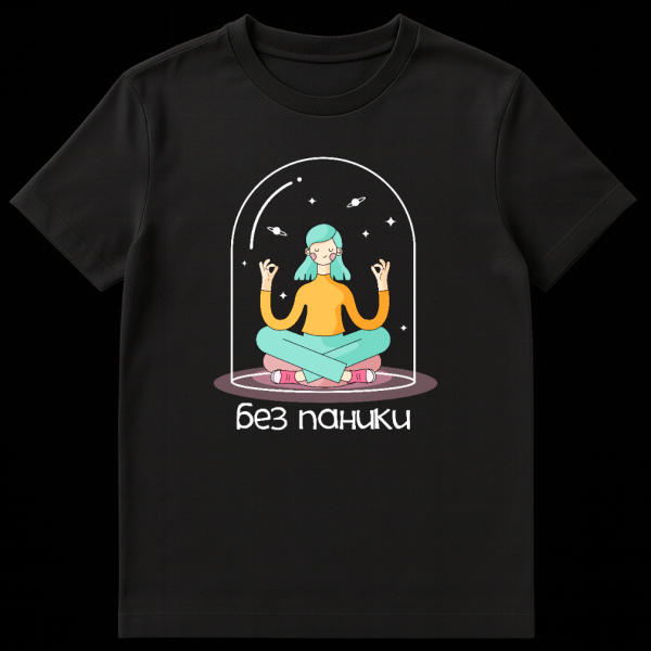 T-shirt featuring a cartoon illustration of a teal-haired woman meditating in a lotus position inside a clear dome with stars and planets, and the Russian slogan 'без паники' (no panic) below. on black t-shirt