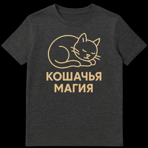 T-shirt with a minimalist gold/beige outline of a sleeping cat and Russian text 'Koshachya Magiya' (Cat Magic) below it. on dark heather t-shirt
