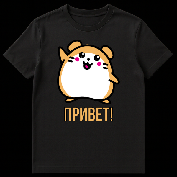 Front view of a white t-shirt featuring a cute cartoon hamster with rosy cheeks waving, with the orange Russian word 'ПРИВЕТ!' (HELLO!) below it. on black t-shirt