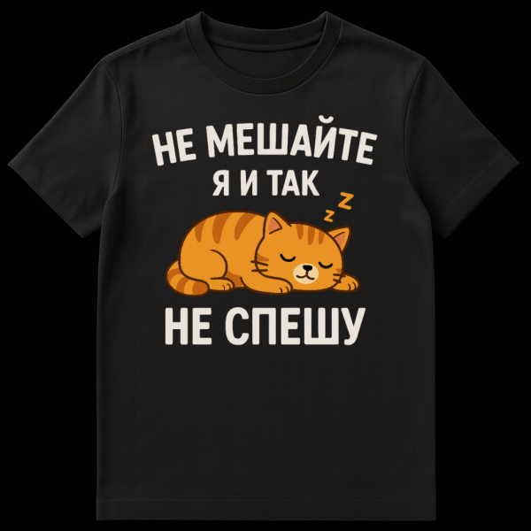 Gray t-shirt with a cartoon sleeping orange tabby cat and white Russian text 'Don't bother me, I'm already not in a hurry' on black t-shirt