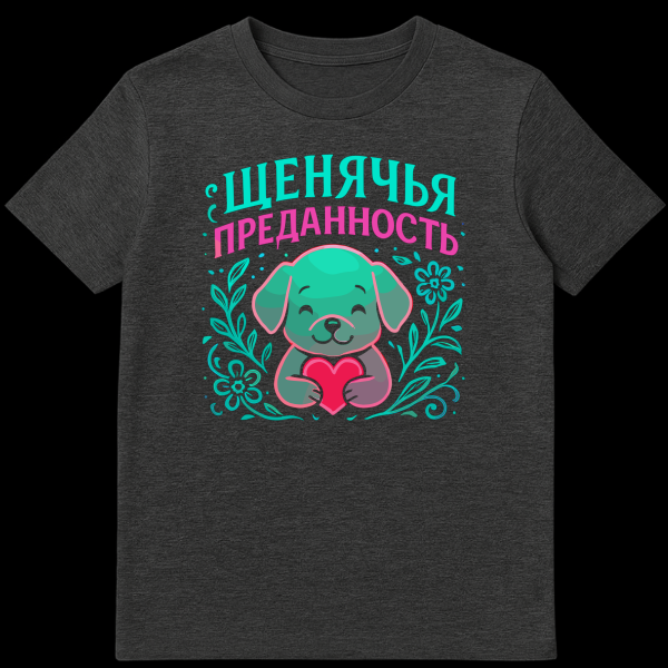 Grey t-shirt with a cute teal cartoon puppy holding a red heart, surrounded by teal flowers and leaves. Above the puppy, the Cyrillic text 'ЩЕНЯЧЬЯ ПРЕДАННОСТЬ' (PUPPY LOYALTY) is displayed in teal and pink. on dark heather t-shirt