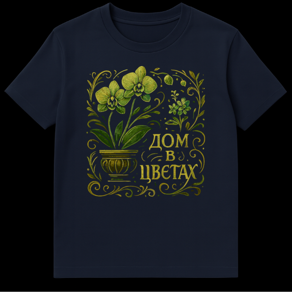 Front view of a t-shirt featuring an elegant botanical design with a potted green-yellow orchid, swirling vines, and the golden Russian text 'ДОМ В ЦВЕТАХ' (HOME IN FLOWERS). on navy blue t-shirt