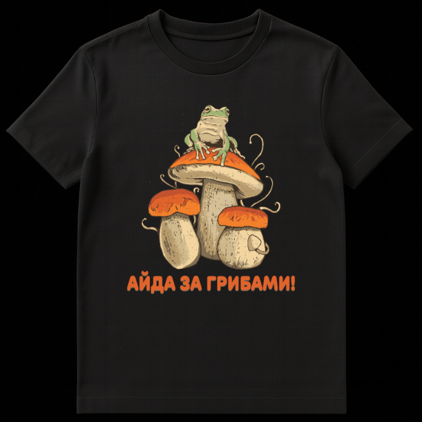 Whimsical green frog on orange mushroom t-shirt with Russian text 'AYDA ZA GRIBAMI!' (Let's go mushroom hunting!) in a rustic forest illustration style. on black t-shirt