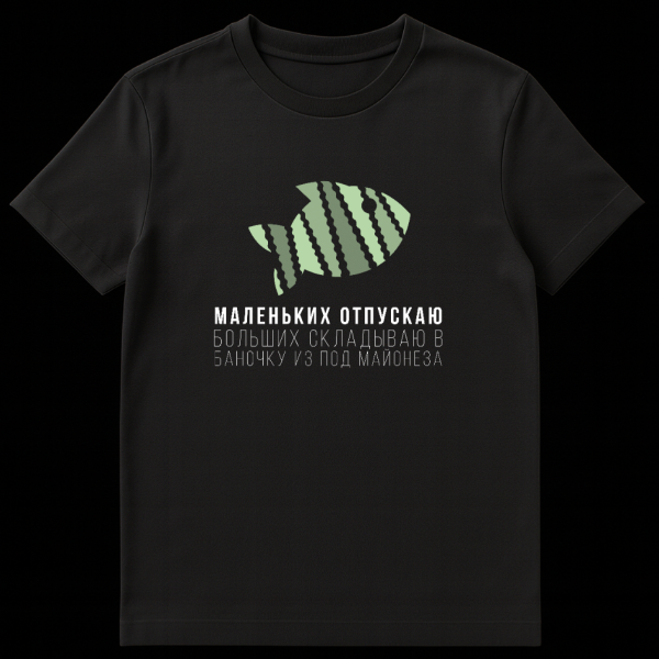 A t-shirt featuring a light green stylized fish with wavy stripes and layered white Russian text below it, translating to 'I let the small ones go, I put the big ones in a mayonnaise jar.' on black t-shirt