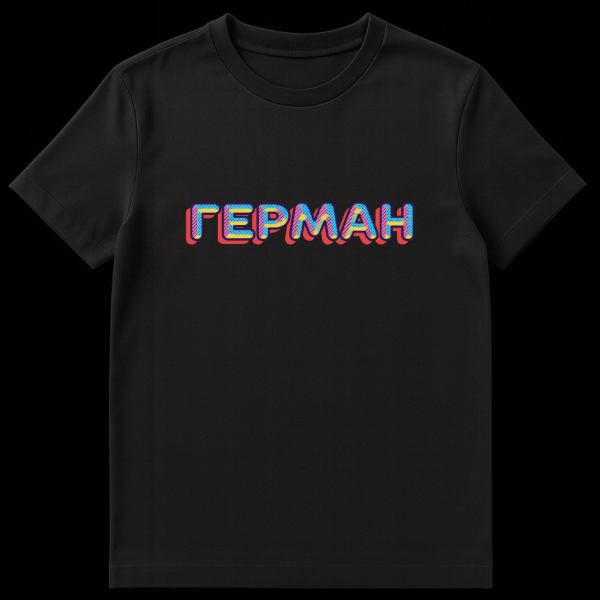 A grey t-shirt featuring the Russian word 'ГЕРМАН' (GERMAN) in a vibrant retro-pop art style with blue stripes, yellow dots, pink lines, and a red 3D drop shadow. on black t-shirt