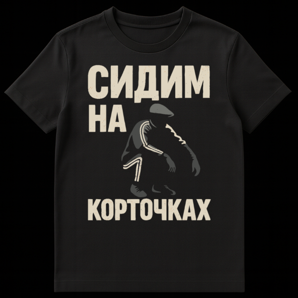 White t-shirt featuring a minimalist distressed illustration of a person in a gopnik squat pose, wearing a tracksuit and flat cap. Text reads 'СИДИМ НА КОРТОЧКАХ' (SIT ON SQUATS) in a distressed font. on black t-shirt