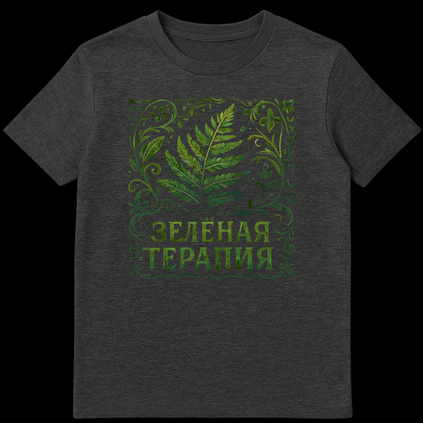 Close-up of a t-shirt featuring a central vibrant green fern surrounded by an ornate swirling border of green leaves and floral elements in a watercolor style. The text 'ŠŠŠŠŠŠŠÆ Š¢ŠŠ ŠŠŠŠÆ' is at the bottom in green textured font. on dark heather t-shirt