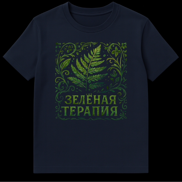 Close-up of a t-shirt featuring a central vibrant green fern surrounded by an ornate swirling border of green leaves and floral elements in a watercolor style. The text 'ŠŠŠŠŠŠŠÆ Š¢ŠŠ ŠŠŠŠÆ' is at the bottom in green textured font. on navy blue t-shirt