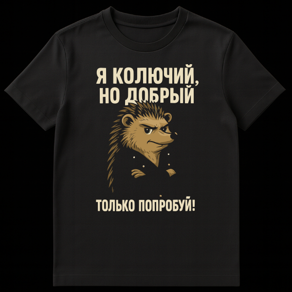 Grey t-shirt with a stylized, grumpy cartoon hedgehog with folded arms. Above the hedgehog, cream text in Russian reads 'Я КОЛЮЧИЙ, НО ДОБРЫЙ' and below, 'ТОЛЬКО ПОПРОБУЙ!'. on black t-shirt