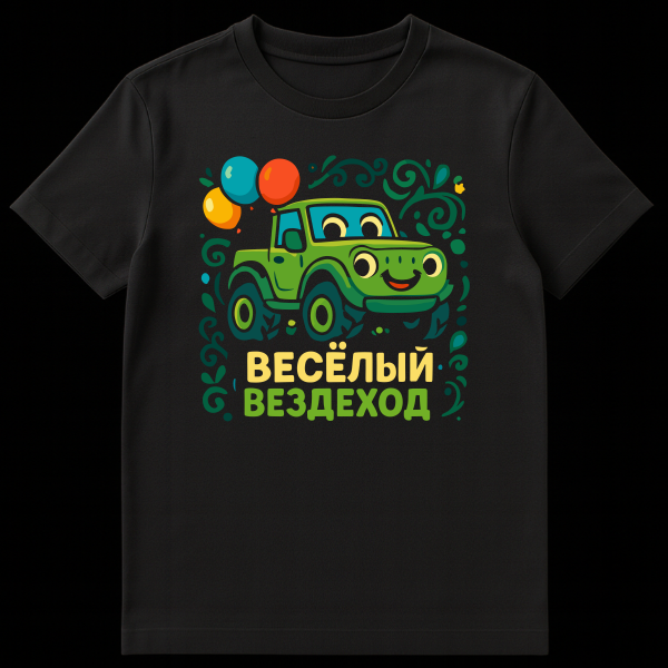 Vibrant cartoon-style t-shirt featuring a smiling green jeep with balloons, surrounded by green and blue swirls. Text "ВЕСЁЛЫЙ ВЕЗДЕХОД" in yellow and green. on black t-shirt