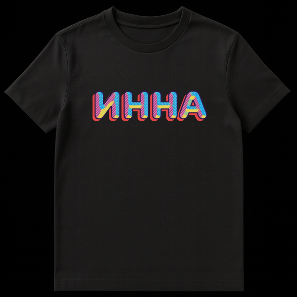 Close-up of a t-shirt featuring the Russian name INNA in bold, retro-pop art style with bright pink, yellow, and light blue geometric patterns, dark blue outline, and a red 3D drop shadow. on black t-shirt