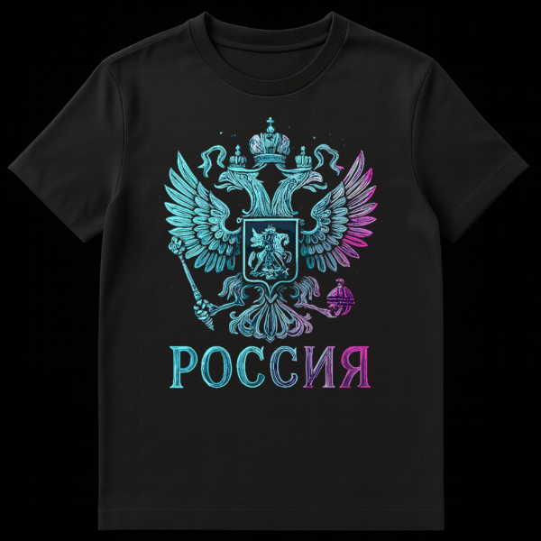 Close-up of a black t-shirt featuring a stylized iridescent Russian double-headed eagle in teal and magenta with a distressed texture, and 'ROSSIYA' below it in matching gradient. on black t-shirt