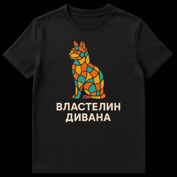 T-shirt featuring a colorful mosaic cat silhouette with orange, yellow, teal, and red shapes, and the Russian text "ВЛАСТЕЛИН ДИВАНА" (Master of the Couch) below it. on black t-shirt