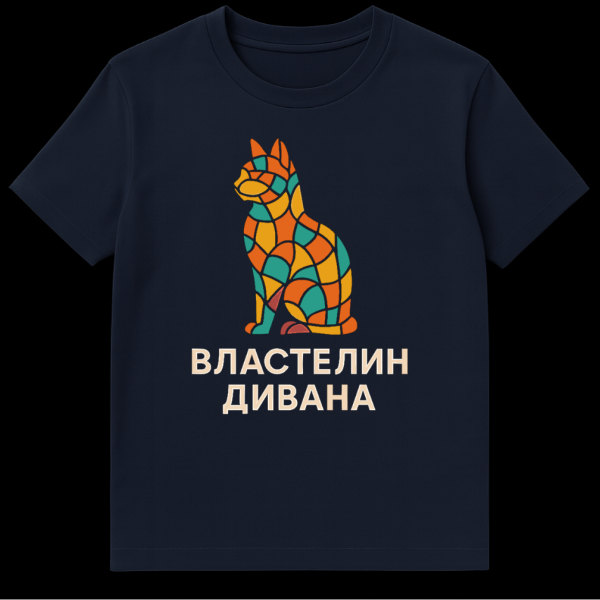 T-shirt featuring a colorful mosaic cat silhouette with orange, yellow, teal, and red shapes, and the Russian text "ВЛАСТЕЛИН ДИВАНА" (Master of the Couch) below it. on navy blue t-shirt