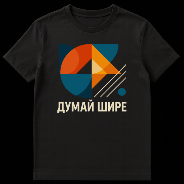 T-shirt with a large, abstract geometric pattern in orange, teal, and beige, featuring interlocking shapes forming a fragmented circular motif. Below the graphic, the Russian text "ДУМАЙ ШИРЕ" (DUMAY SHIRE) is printed in a bold sans-serif font. on black t-shirt