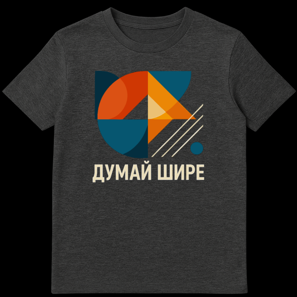 T-shirt with a large, abstract geometric pattern in orange, teal, and beige, featuring interlocking shapes forming a fragmented circular motif. Below the graphic, the Russian text "ДУМАЙ ШИРЕ" (DUMAY SHIRE) is printed in a bold sans-serif font. on dark heather t-shirt