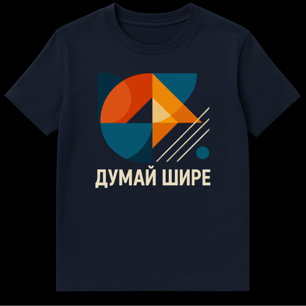 T-shirt with a large, abstract geometric pattern in orange, teal, and beige, featuring interlocking shapes forming a fragmented circular motif. Below the graphic, the Russian text "ДУМАЙ ШИРЕ" (DUMAY SHIRE) is printed in a bold sans-serif font. on navy blue t-shirt