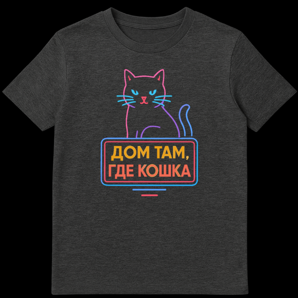 A person wearing a black t-shirt featuring a neon cat design. The stylized cat in pink and purple sits on a neon-framed sign with Russian text. on dark heather t-shirt