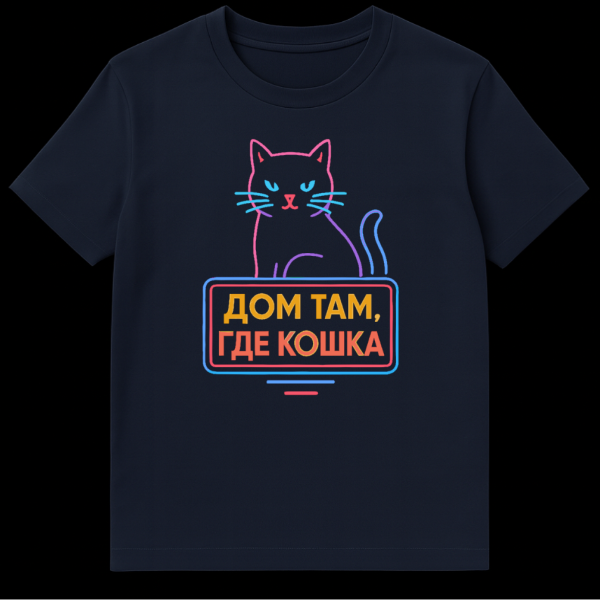 A person wearing a black t-shirt featuring a neon cat design. The stylized cat in pink and purple sits on a neon-framed sign with Russian text. on navy blue t-shirt
