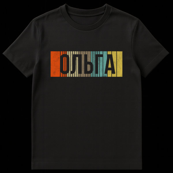 Close-up of a t-shirt featuring the name 'OLGA' in distressed Cyrillic script, partially transparent over vertical stripes in vintage orange, beige, light green, and yellow. on black t-shirt