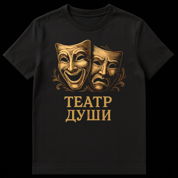Black t-shirt mockup featuring two golden, textured theatrical masks, one laughing and one crying, intertwined with ornate golden flourishes. Below them, the text 'ТЕАТР ДУШИ' is written in a bold, golden, serif font. on black t-shirt