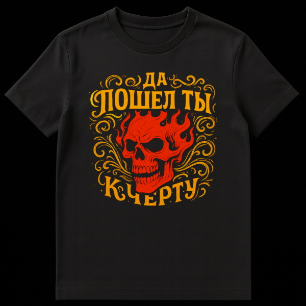 Front view of a black t-shirt featuring a central flaming red skull with ornate, distressed golden scrollwork. The text in distressed golden Cyrillic script "ДА ПОШЕЛ ТЫ К ЧЕРТУ" is visible below the skull. on black t-shirt