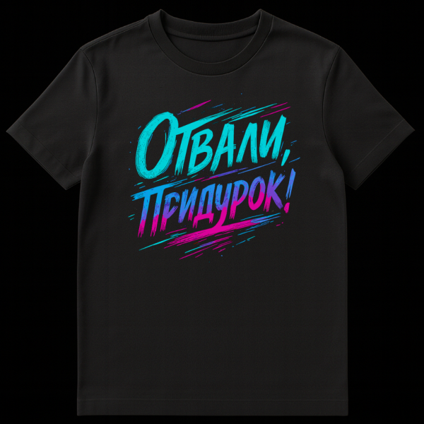 Close-up of a t-shirt featuring bold, brushstroke-style Russian text in vibrant cyan, blue, purple, fuchsia gradients with paint splatters. on black t-shirt