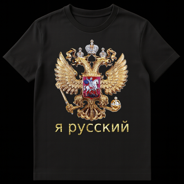 Black t-shirt featuring a golden double-headed eagle emblem with three crowns, scepter, and orb. A red shield with St. George slaying a dragon is at its center. Below, golden embossed text reads 'Ya Russkiy'. on black t-shirt