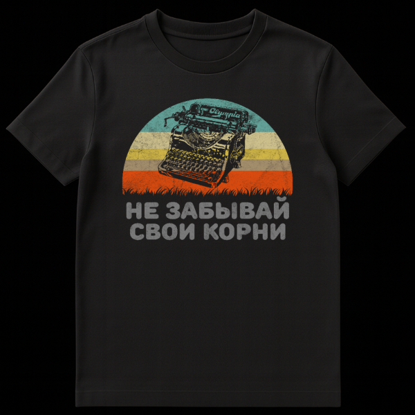 Distressed retro t-shirt featuring a vintage Olympia typewriter against a striped sunset, patch of grass, and Russian text 'Don't forget your roots' in muted grey. on black t-shirt