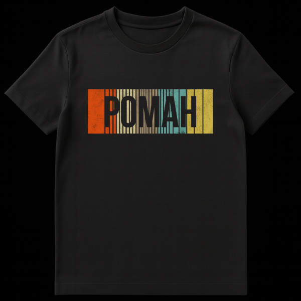Front view of a person wearing a retro Russian t-shirt with 'POMAH' in distressed font over muted vertical stripes (orange, beige, teal, yellow). on black t-shirt