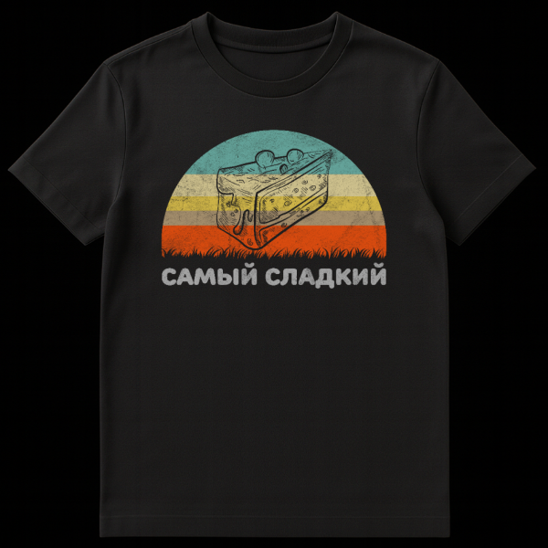 A t-shirt featuring a retro sunset with teal, yellow, brown, orange stripes, a sketched cake with cherries, and Russian text "САМЫЙ СЛАДКИЙ" below it. on black t-shirt
