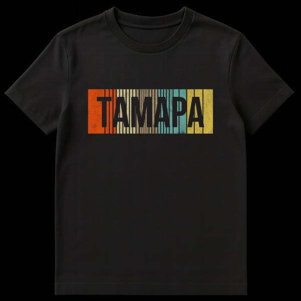 Close-up of a t-shirt featuring the word TAMPA in a distressed blocky font over vertical retro stripes in orange, cream, teal, and yellow. on black t-shirt