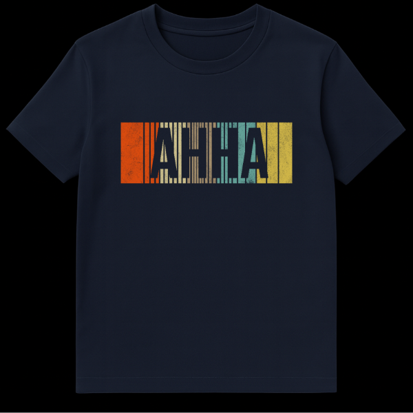A white t-shirt featuring the word 'AH HA' in a distressed retro font, overlaid on vertical stripes in shades of orange, beige, teal, and yellow. The design has a vintage, worn look. on navy blue t-shirt
