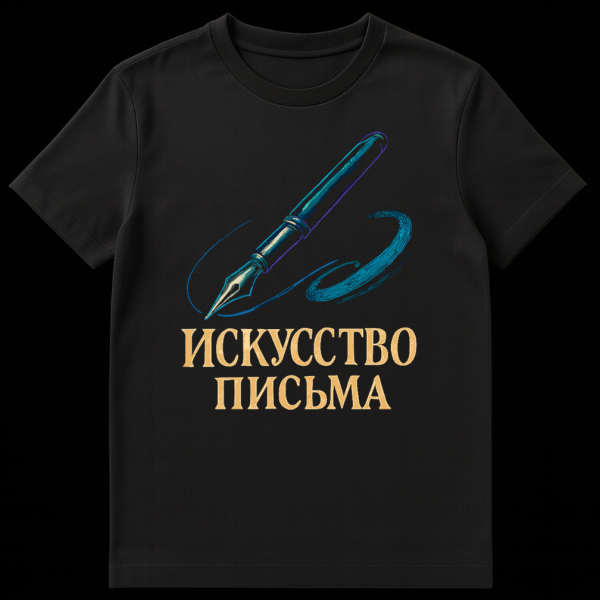 Elegant Russian T-shirt design featuring a blue and teal fountain pen with swirling ink, above golden Russian text 'The Art of Writing' on a grey background. on black t-shirt