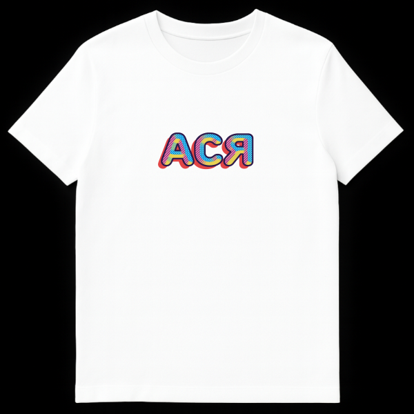 Close-up of a t-shirt featuring the Cyrillic word 'АСЯ' in a vibrant retro-pop art style with colorful fills, patterns, and a red 3D drop shadow. on white t-shirt