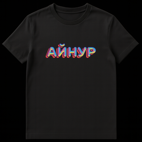 T-shirt featuring the name 'Aynur' in a vibrant retro 3D bubble letter style with pink, yellow, blue, dark blue outline, and red drop shadow, on a white background. on black t-shirt