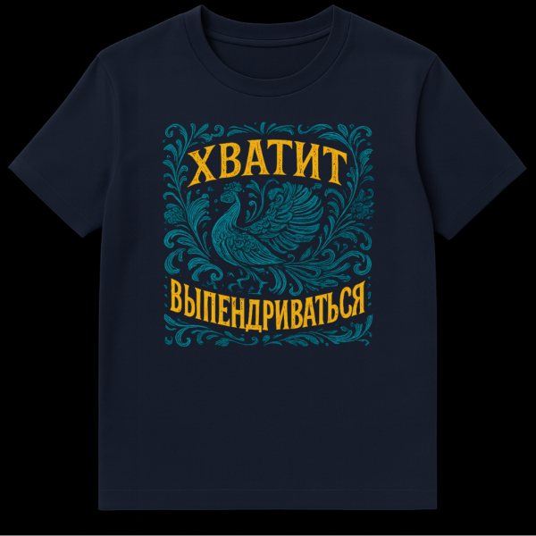 T-shirt featuring a stylized blue bird with swirling teal foliage in a circular frame, above and below are distressed yellow Russian texts that translate to 'Stop showing off!' on navy blue t-shirt