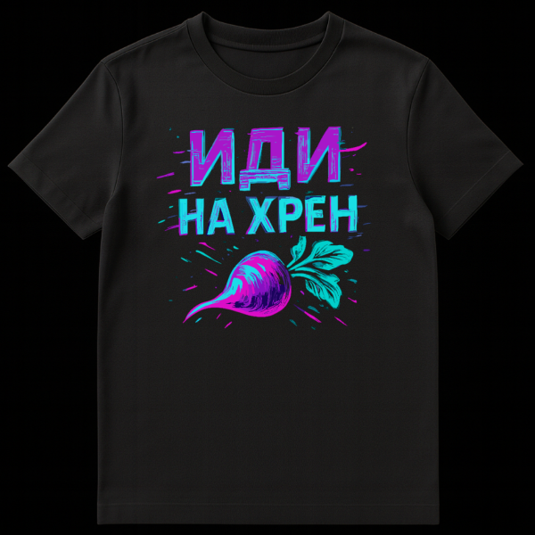Mockup of a t-shirt featuring bold purple and turquoise Cyrillic text "ИДИ НА ХРЕН" (Go to Hell/Horseradish) above a stylized beetroot with splatters. The design is graphic and vibrant. on black t-shirt