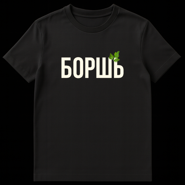 Grey t-shirt with large cream block letters spelling "BORSHCH" with a small green parsley sprig on the last letter. on black t-shirt