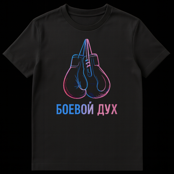 T-shirt featuring hanging boxing gloves outlined in a blue and pink gradient, with Russian text 'BOEVOY DUKH' (Fighting Spirit) below, also in gradient and distressed. on black t-shirt