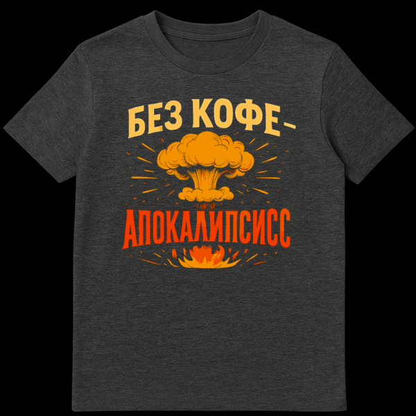 Front view of a person wearing a black t-shirt with a cartoon nuclear explosion and Russian text 'Без кофе - Апокалипсис' in yellow and orange. on dark heather t-shirt