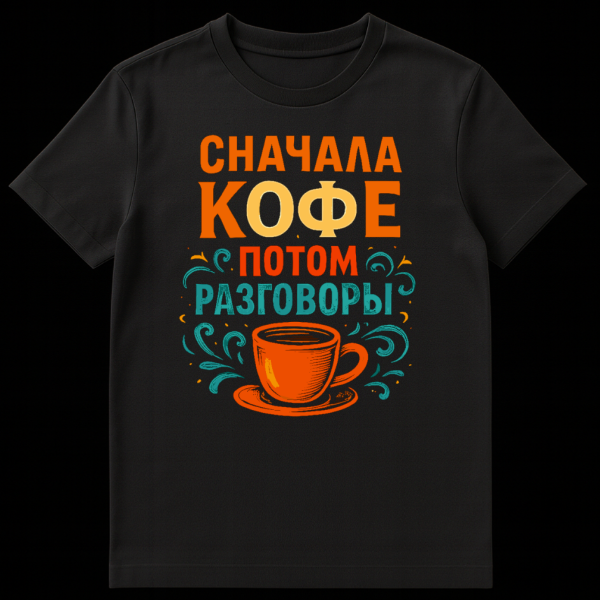 Close-up of a t-shirt featuring a stylized orange coffee cup with teal and orange swirls and the Russian text 'First Coffee, Then Conversations' in bold, varied typography. on black t-shirt