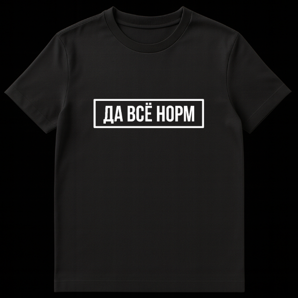 Close-up of a grey t-shirt featuring bold white sans-serif Russian text "ДА ВСЁ НОРМ" enclosed in a thin white rectangular outline. on black t-shirt